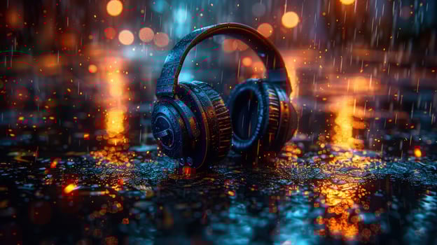 Wireless headphone on wet surface with rain abstract photo