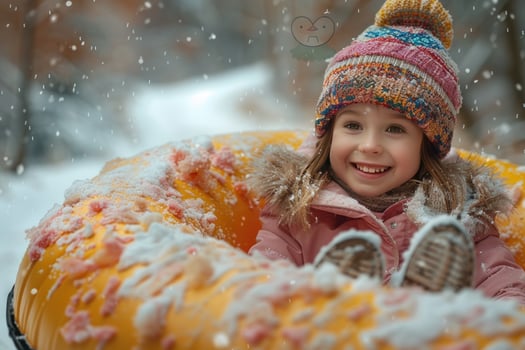 Girl sledding on snow tube winter fun photo