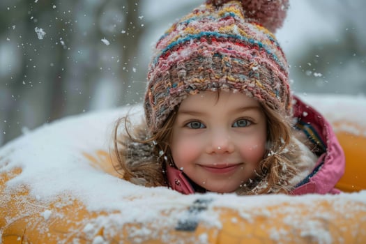 Child in winter knit hat playing in snow on yellow tube seasonal fun portrait photo