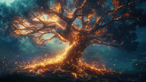 Glowing tree of light in a fantasy landscape photo
