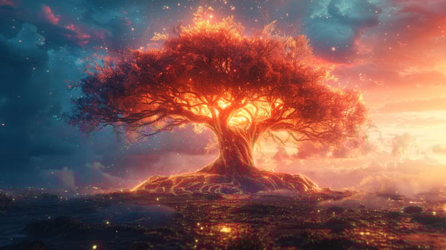 Magical tree landscape with glowing roots and dramatic sky concept illustration photo