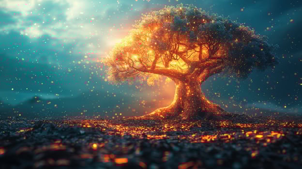 Luminous tree glowing in a mystical landscape photo