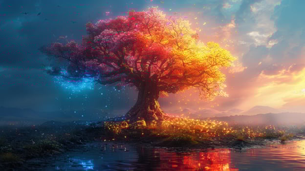 Radiant tree landscape with luminous field and sky photo