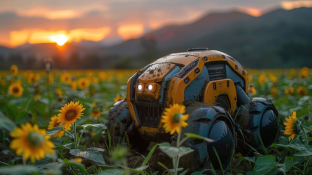 Robot among sunflowers at sunset field scenery futuristic machine photo