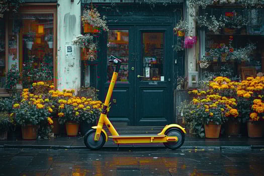Yellow motor scooter parked on wet city street surrounded by flowers and plants in front of store photo