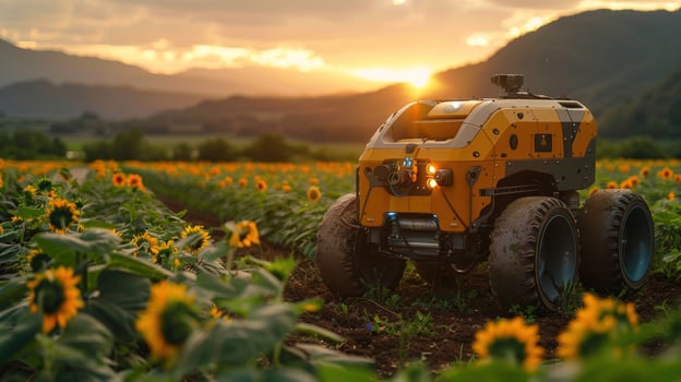 Agricultural robot in sunflower field at sunset automated farming technology photo