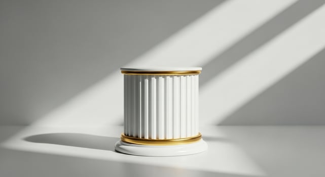 A minimalist white cylindrical pedestal with gold accents and dramatic shadow lines photo