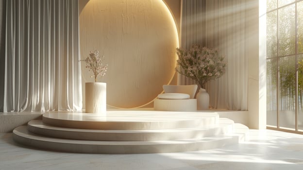 Elegant interior stage with light and floral display design photo