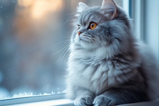 Fluffy grey cat sits at window looking out into the light photo