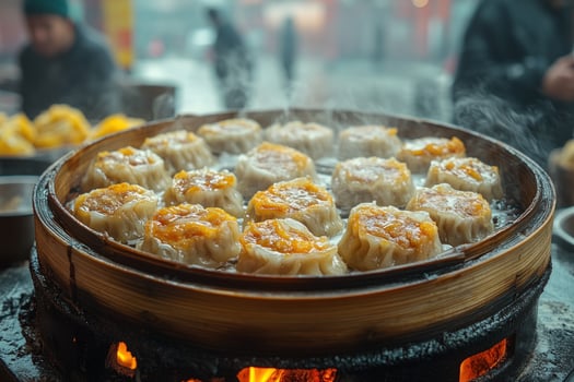 Steaming fresh dumplings in bamboo steamer asian cuisine photo