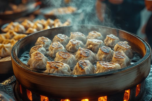 Steaming dumpling in bamboo steamer delicious asian cuisine photo