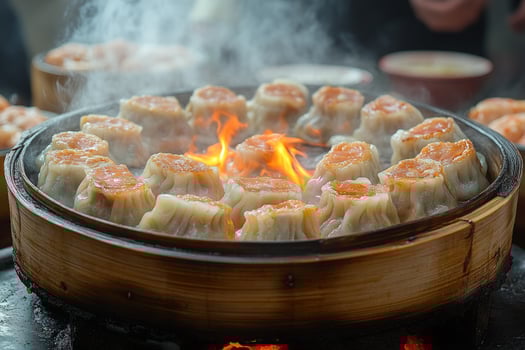 Steaming dumplings in bamboo steamer delicious asian cuisine photo
