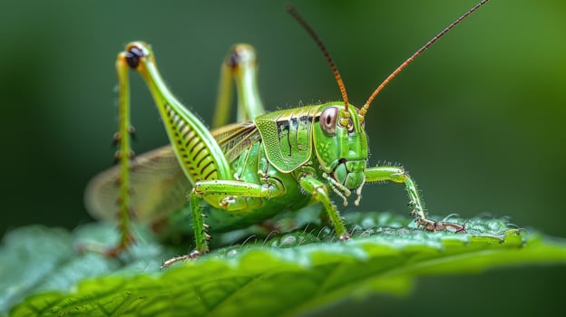Green grasshopper resting on leaf macro wildlife closeup photo