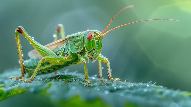 Green grasshopper macro on leaf with water droplets wildlife photo
