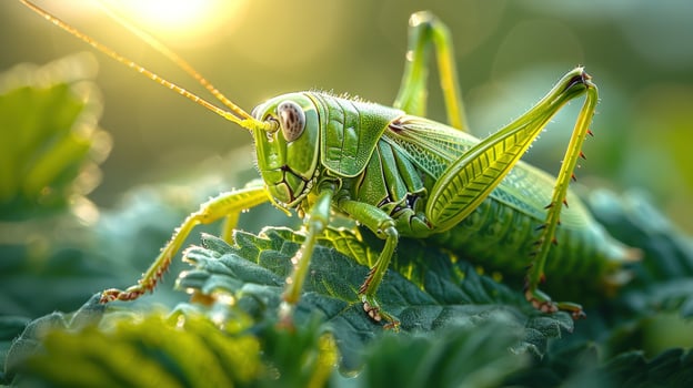 Green grasshopper resting on leaf in natural sunlight detailed closeup macro shot photo