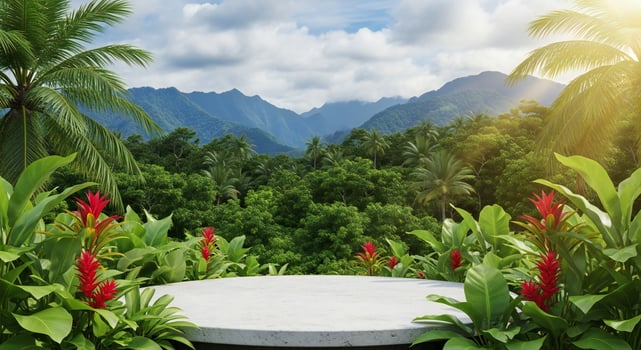 Lush tropical rainforest with vibrant red bromeliads framing a mountain panorama under a cloudy sky photo