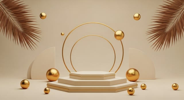 Minimalist studio scene with tiered podium gold spheres and palm fronds photo