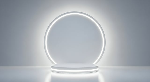 Minimalist white podium with circular neon light halo and subtle reflections photo