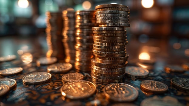 Stacks of shiny gold coins financial wealth and investment concept photo