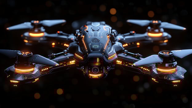 Futuristic drone technology concept against dark bokeh background photo