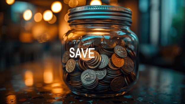 Coin filled jar representing savings and investment concept photo