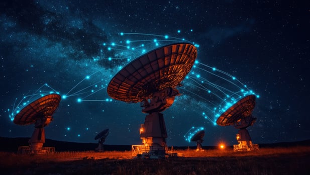 Satellite dishes communicate under starry night sky technology network photo