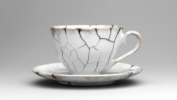 Cracked tea cup and saucer with aged ceramic texture on gradient background photo