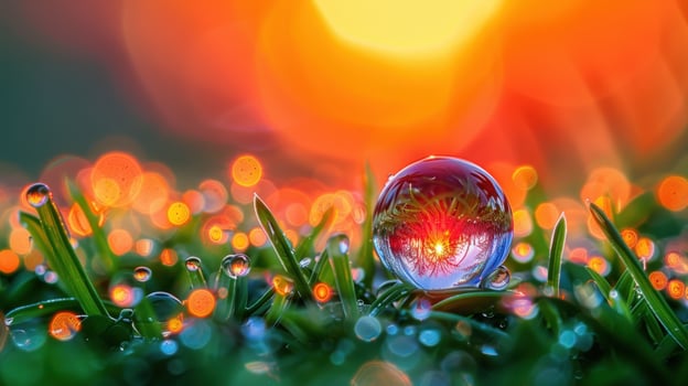 Dew drop reflecting sunset on grass blades macro photography photo