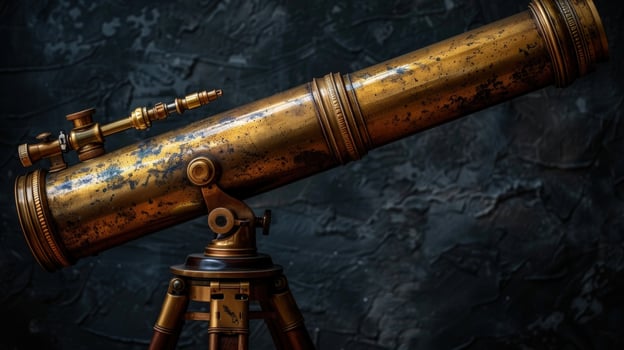 Vintage brass telescope on tripod for scientific observation and exploration photo