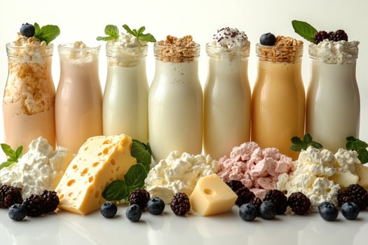 Assorted dairy products displayed with berries and cheese in studio setting photo