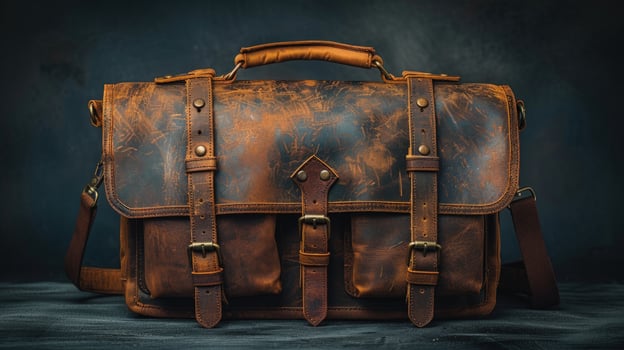 Distressed leather messenger bag with straps and buckles vintage style photo