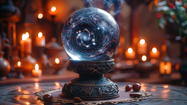 Celestial crystal ball with glowing galaxy in fantasy setting photo