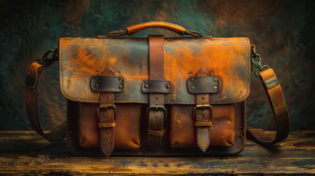 Vintage leather satchel bag with buckles and straps photo