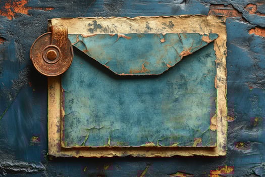 Antique blue envelope with aged texture on distressed background with vintage clasp photo
