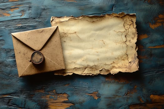 Antique envelope and aged paper on rustic blue wood texture background photo