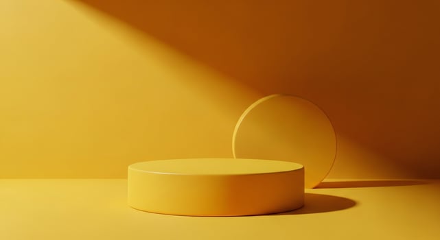 Minimalist yellow stage podium with geometric shapes and soft lighting photo