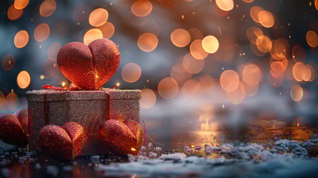 Romantic gift box with hearts and bokeh lights celebration holiday background photo