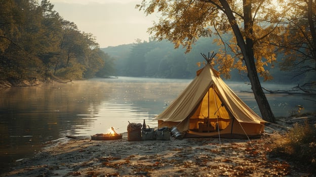Peaceful camping scene with tent on riverbank in autumn photo