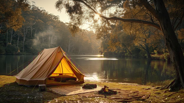 Lakeside camping adventure with tent landscape scene photo