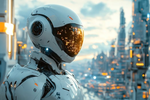 Futuristic robot in advanced cityscape technology concept photo