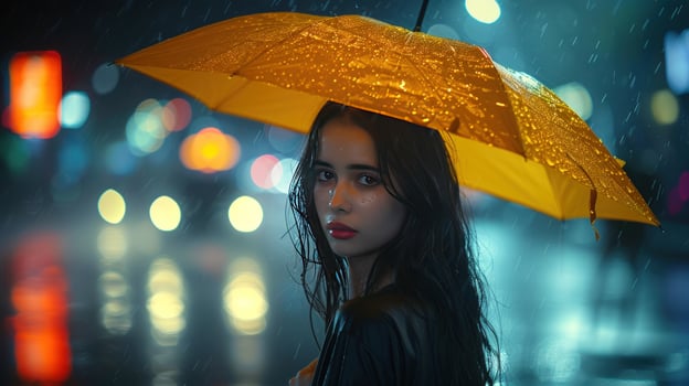 Woman with umbrella in rainy city at night photo