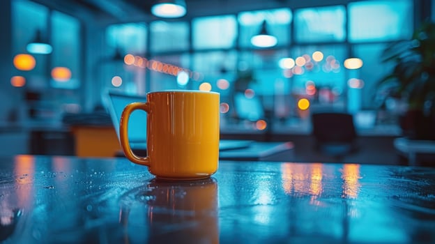 Yellow mug reflecting on table in blue interior light photo
