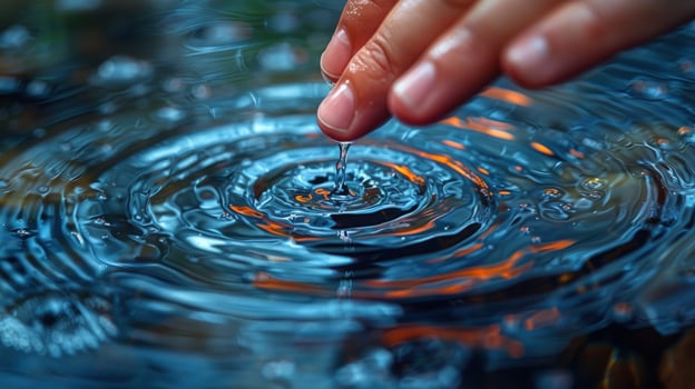Water drop ripple effect on blue liquid surface photo