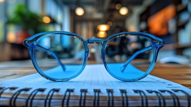 Blue glasses on notepad vision focus study work planning photo