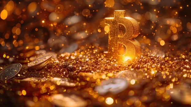 Golden currency symbol amid coins and glitter representing wealth finance and investment photo
