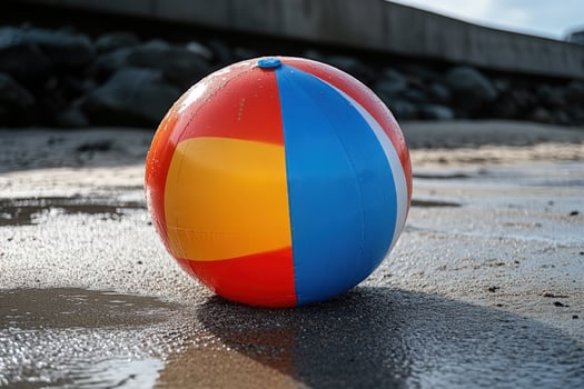 Colorful beach ball on wet sand by the sea photo