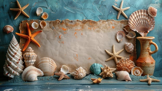 Seashells and starfish on parchment background with textured blue backdrop photo