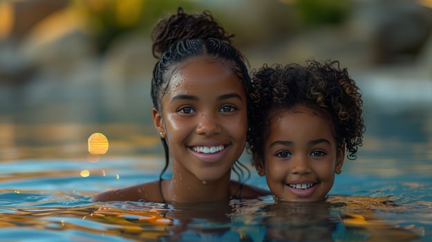 Two young girls enjoying a swim in a pool on a sunny day photo