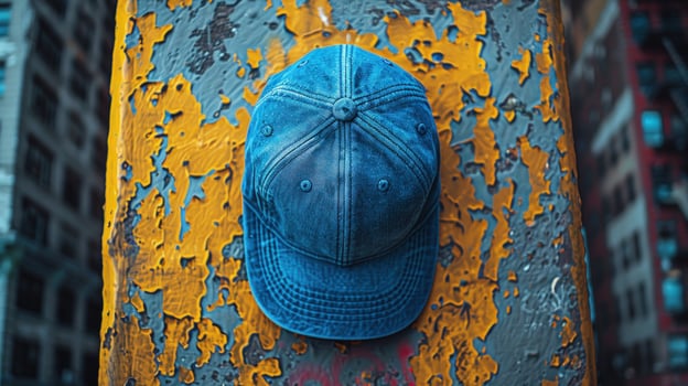 Denim baseball cap on textured yellow and blue background photo