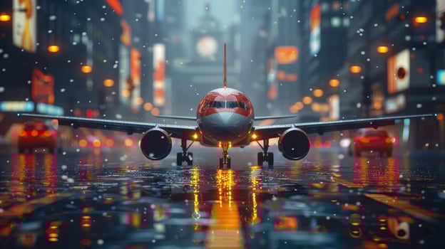 Commercial airliner on wet runway in city snowfall modern transportation photo